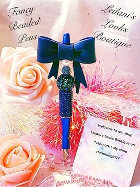 Fancy Beaded Blue Bow Pen/blue beads/jumbo blue bow/